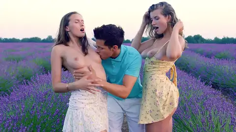 A duo of platinum-blonde nymphs have a threeway with a twink