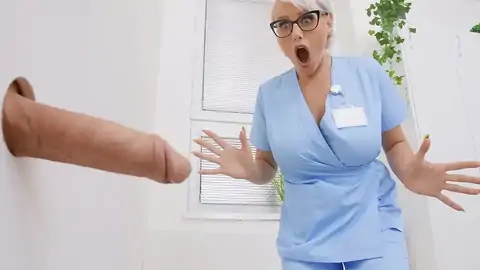 The ash-blonde nurse witnesses a fat hard-on at the glory crevice