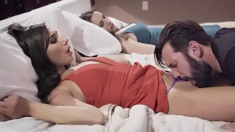 Spouse gobbling youthful honey's cootchie next to sleeping wifey