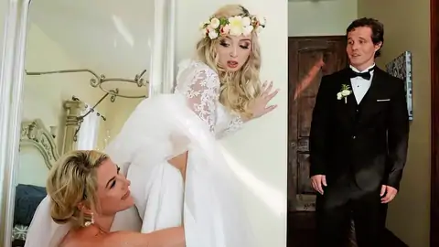 The groom catches the wife scissoring a sapphic