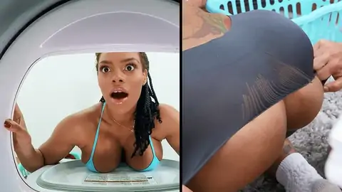 A big-chested dark-hued gets stuck in the washing machine
