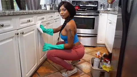 Dark Haired MILF female Sarai Minx is cleaning the kitchen